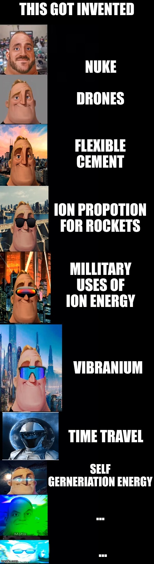 ... | THIS GOT INVENTED; NUKE; DRONES; FLEXIBLE CEMENT; ION PROPOTION FOR ROCKETS; MILLITARY USES OF ION ENERGY; VIBRANIUM; TIME TRAVEL; SELF GERNERIATION ENERGY; ... ... | image tagged in mr incredible becoming futuristic | made w/ Imgflip meme maker