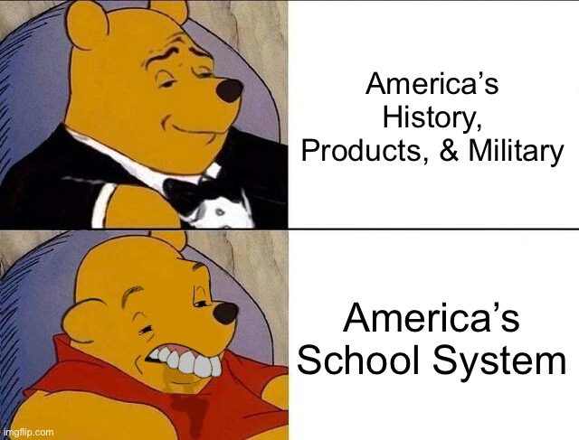 America’s School System should be fixed. | America’s History, Products, & Military; America’s School System | image tagged in tuxedo winnie the pooh grossed reverse,memes,funny,america,united states,school | made w/ Imgflip meme maker