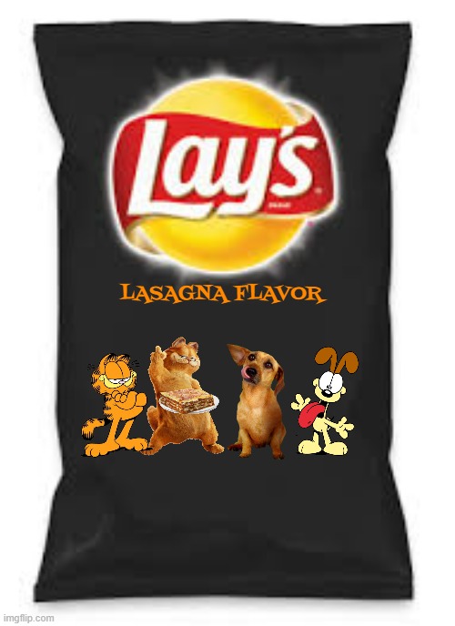 if garfield was on a bag of potato chips | LASAGNA FLAVOR | image tagged in lays do us a flavor blank black,garfield,cats,dogs,potato chips | made w/ Imgflip meme maker