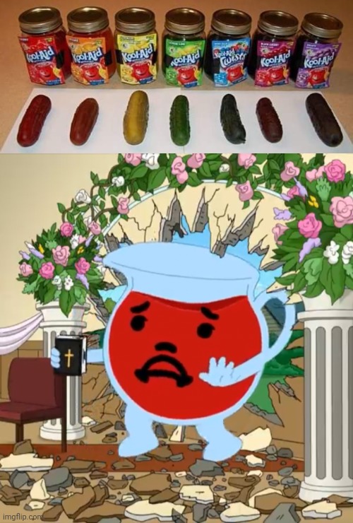 Kool-Aid pickles | image tagged in kool aid guy with bible,i would taste those pickles tho,kool aid,pickles,memes,cursed image | made w/ Imgflip meme maker