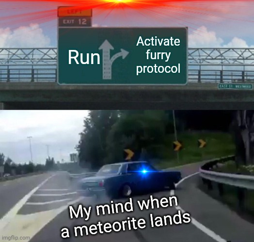 Left Exit 12 Off Ramp Meme |  Run; Activate furry protocol; My mind when a meteorite lands | image tagged in memes,left exit 12 off ramp | made w/ Imgflip meme maker