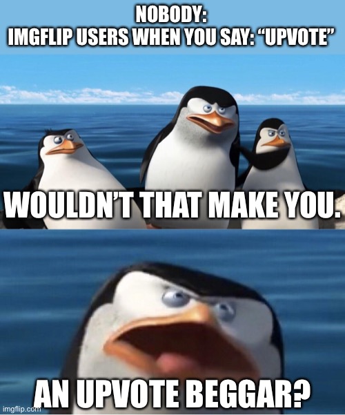 Wouldn’t that make you, AN UPVOTE BEGGAR?!?! | NOBODY:
IMGFLIP USERS WHEN YOU SAY: “UPVOTE”; WOULDN’T THAT MAKE YOU. AN UPVOTE BEGGAR? | image tagged in wouldn't that make you,memes,imgflip,upvote,upvote beggars,funny | made w/ Imgflip meme maker