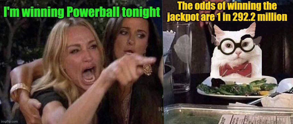Sucks being a Scientist sometimes | The odds of winning the jackpot are 1 in 292.2 million; I'm winning Powerball tonight | image tagged in woman yelling at cat,chemistry cat,powerball,lottery | made w/ Imgflip meme maker