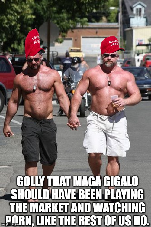 Gay Bear Meme | GOLLY THAT MAGA GIGALO SHOULD HAVE BEEN PLAYING THE MARKET AND WATCHING PORN, LIKE THE REST OF US DO. | image tagged in gay bear meme | made w/ Imgflip meme maker