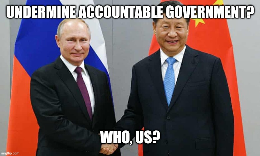 Vladimir putin and xi jinping hand shake | UNDERMINE ACCOUNTABLE GOVERNMENT? WHO, US? | image tagged in vladimir putin and xi jinping hand shake | made w/ Imgflip meme maker