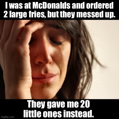 Fries | I was at McDonalds and ordered 2 large fries, but they messed up. They gave me 20 little ones instead. | image tagged in memes,first world problems | made w/ Imgflip meme maker