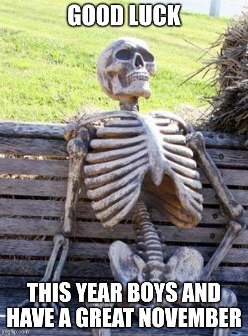 Good luck soldiers | GOOD LUCK; THIS YEAR BOYS AND HAVE A GREAT NOVEMBER | image tagged in memes,waiting skeleton | made w/ Imgflip meme maker