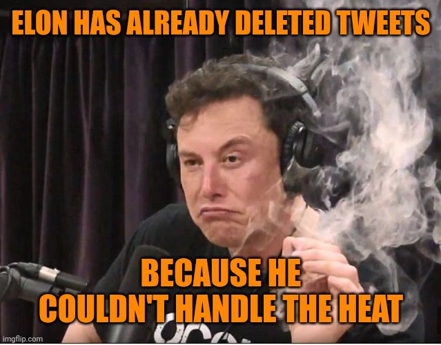 Elon Musk smoking a joint | ELON HAS ALREADY DELETED TWEETS BECAUSE HE COULDN'T HANDLE THE HEAT | image tagged in elon musk smoking a joint | made w/ Imgflip meme maker