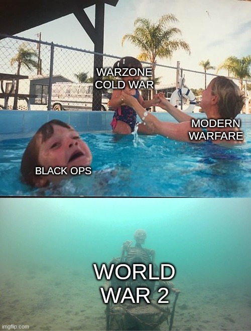 the call of duty | WARZONE COLD WAR; MODERN WARFARE; BLACK OPS; WORLD WAR 2 | image tagged in mother ignoring kid drowning in a pool | made w/ Imgflip meme maker