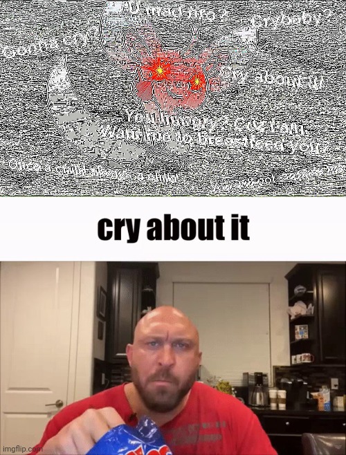 image tagged in middle finger sharpen,cry about it | made w/ Imgflip meme maker