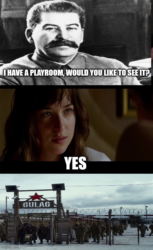 50 shades of GULAG | I HAVE A PLAYROOM, WOULD YOU LIKE TO SEE IT? YES | image tagged in 50 shade of grey,stalin,ukraine,gulag,putin,russia | made w/ Imgflip meme maker