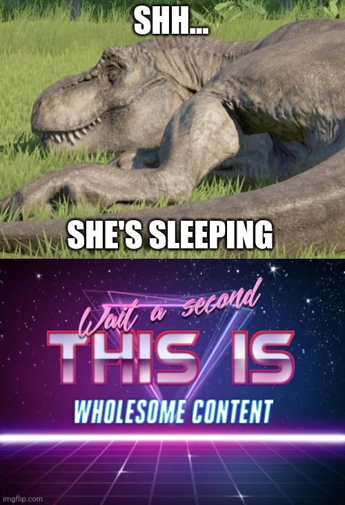Wholesome | SHH... SHE'S SLEEPING | image tagged in sleeping t rex,wait a second this is wholesome content,jurassic park,jurassic world,dinosaur,t rex | made w/ Imgflip meme maker