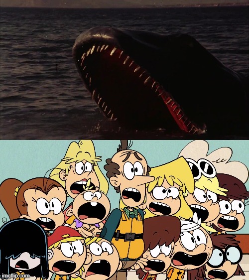 The Loud family see the giant prehistoric fish | image tagged in the loud house | made w/ Imgflip meme maker