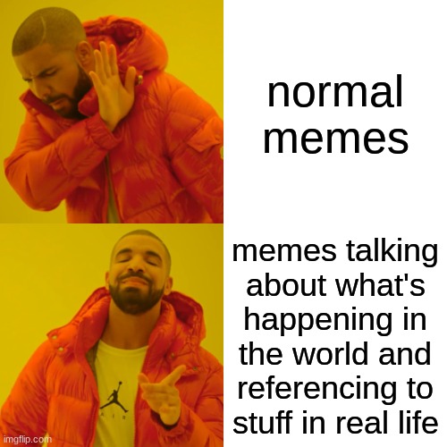 Drake Hotline Bling | normal memes; memes talking about what's happening in the world and referencing to stuff in real life | image tagged in memes,drake hotline bling | made w/ Imgflip meme maker