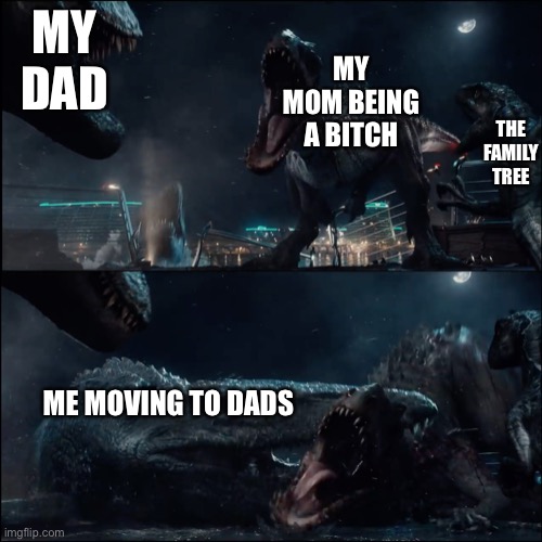 I will do this | MY DAD; MY MOM BEING A BITCH; THE FAMILY TREE; ME MOVING TO DADS | image tagged in surprise mosasaur,moms,jurassic world,dino | made w/ Imgflip meme maker