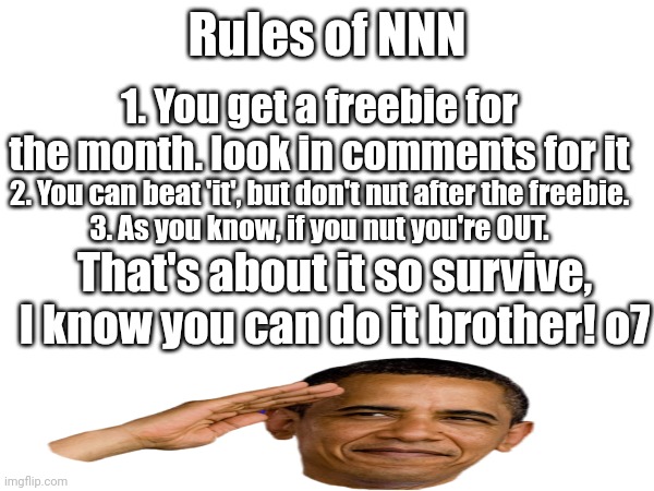 Rules of NNN (Must See) | Rules of NNN; 1. You get a freebie for the month. look in comments for it; 2. You can beat 'it', but don't nut after the freebie.
3. As you know, if you nut you're OUT. That's about it so survive, I know you can do it brother! o7 | image tagged in no nut november | made w/ Imgflip meme maker