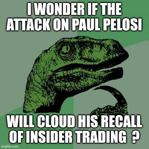 Take the hammer to avoid the gavel | I WONDER IF THE ATTACK ON PAUL PELOSI; WILL CLOUD HIS RECALL OF INSIDER TRADING  ? | image tagged in memes,philosoraptor | made w/ Imgflip meme maker