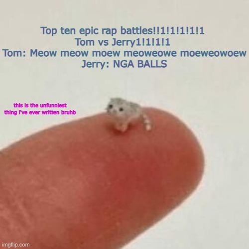 i wanna kashoot myself | Top ten epic rap battles!!1!1!1!1!1 
Tom vs Jerry1!1!1!1 
Tom: Meow meow moew meoweowe moeweowoew
Jerry: NGA BALLS; this is the unfunniest thing i've ever written bruhb | image tagged in drm's el wiwi template | made w/ Imgflip meme maker