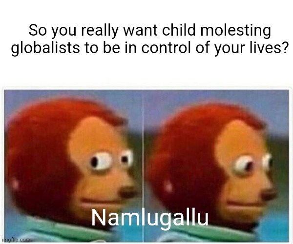 Monkey Puppet Meme | So you really want child molesting globalists to be in control of your lives? Namlugallu | image tagged in memes,monkey puppet | made w/ Imgflip meme maker