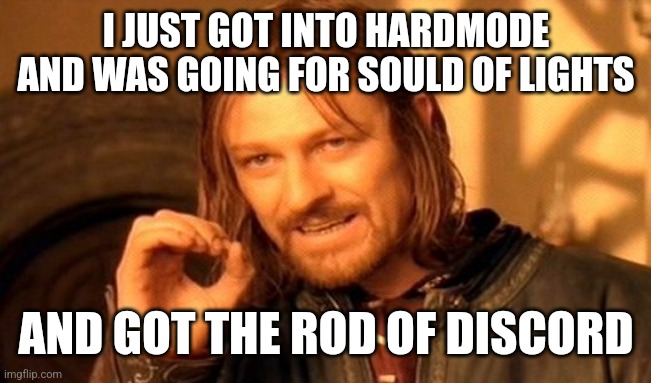 One Does Not Simply Meme | I JUST GOT INTO HARDMODE AND WAS GOING FOR SOULD OF LIGHTS; AND GOT THE ROD OF DISCORD | image tagged in memes,one does not simply | made w/ Imgflip meme maker