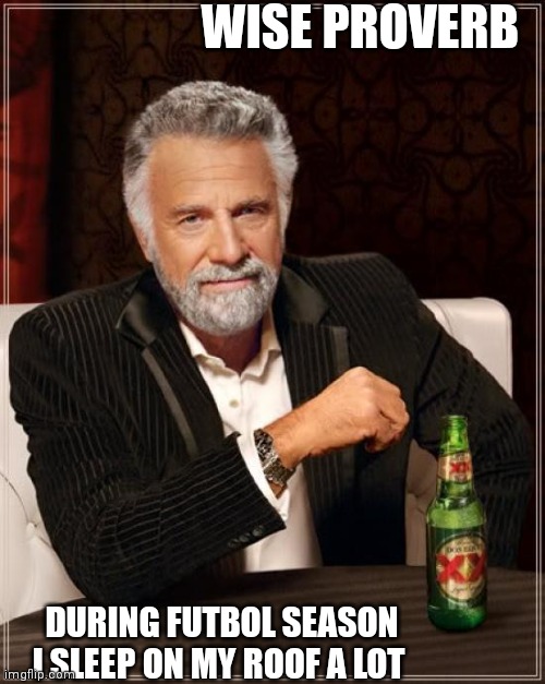 The Most Interesting Man In The World | WISE PROVERB; DURING FUTBOL SEASON I SLEEP ON MY ROOF A LOT | image tagged in memes,the most interesting man in the world | made w/ Imgflip meme maker