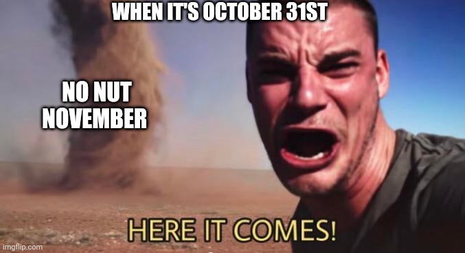 It's here at long last | WHEN IT'S OCTOBER 31ST; NO NUT NOVEMBER | image tagged in here it comes | made w/ Imgflip meme maker