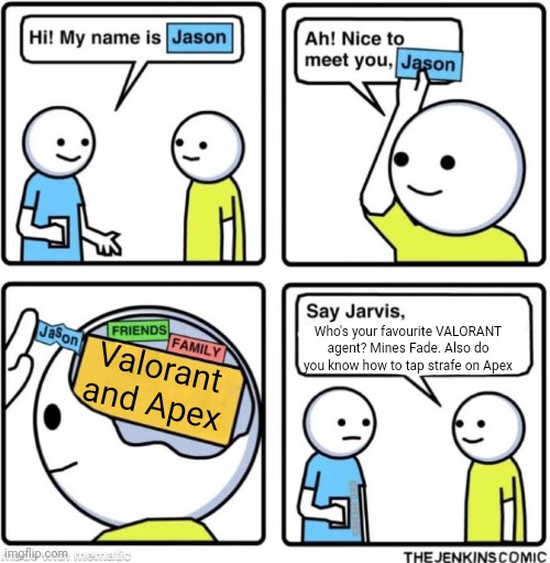 Who's your fav Valorant or Apex character? Answer is the comments | Who's your favourite VALORANT agent? Mines Fade. Also do you know how to tap strafe on Apex; Valorant and Apex | image tagged in say jarvis | made w/ Imgflip meme maker