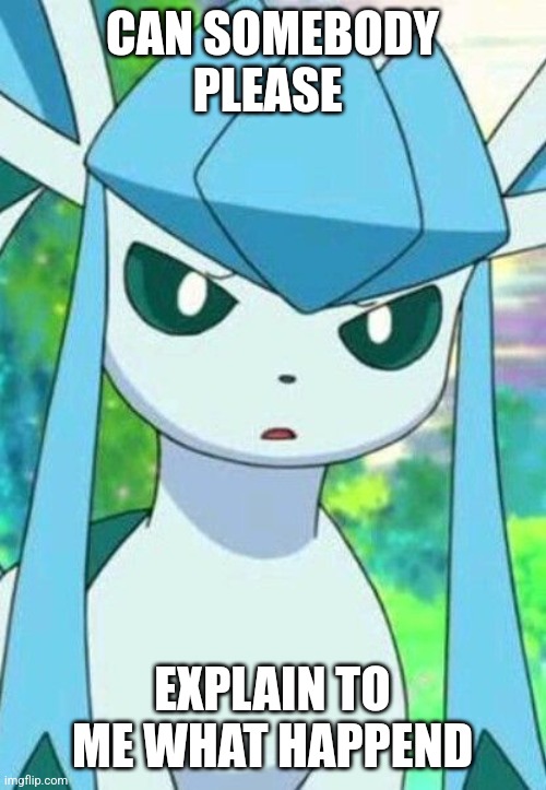 Glaceon confused | CAN SOMEBODY PLEASE; EXPLAIN TO ME WHAT HAPPEND | image tagged in glaceon confused | made w/ Imgflip meme maker