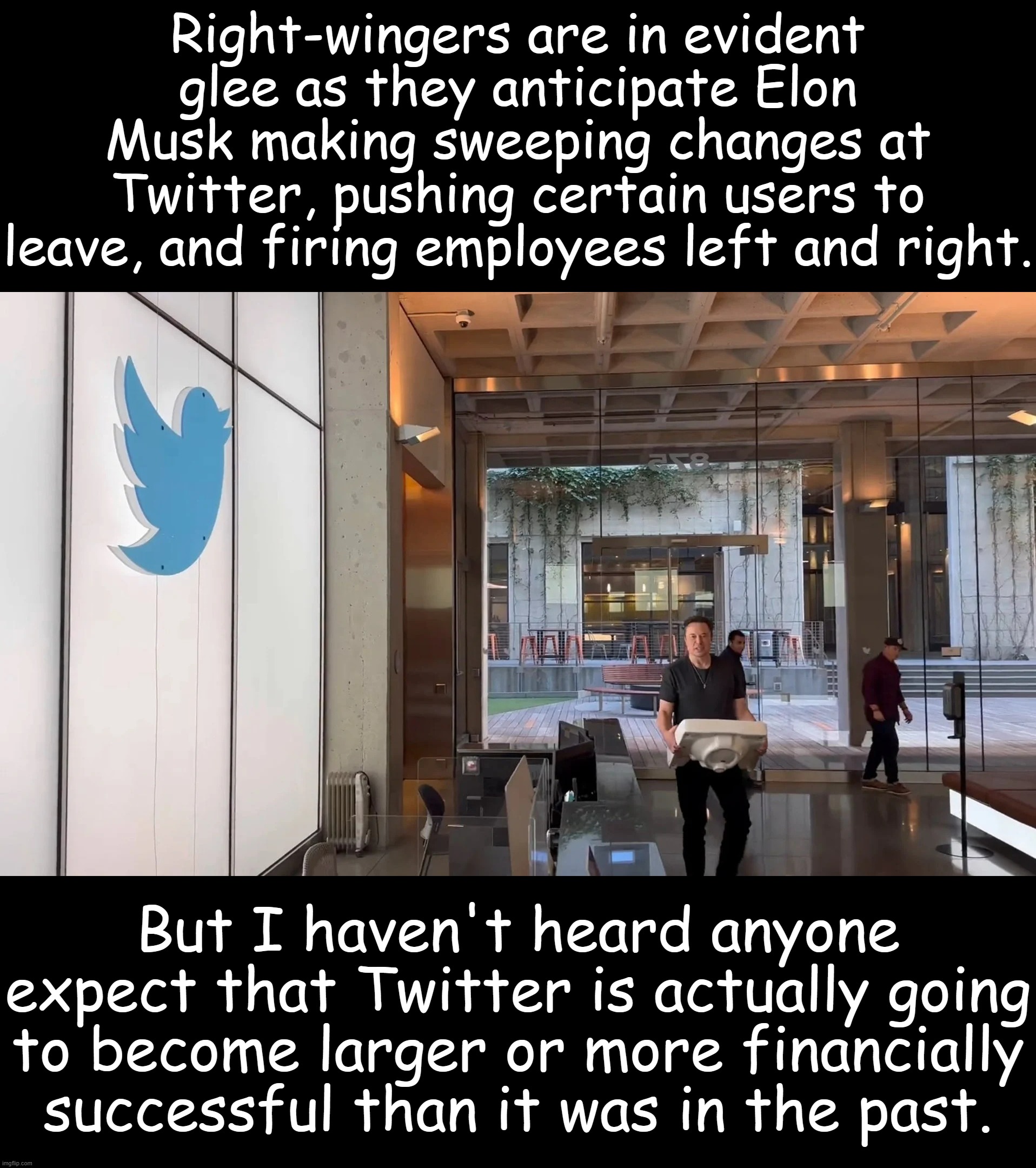 Elon Musk: multibillionaire lacking expertise, with vague plans to shake everything up & a huge chip on his shoulder. Familiar? | Right-wingers are in evident glee as they anticipate Elon Musk making sweeping changes at Twitter, pushing certain users to leave, and firing employees left and right. But I haven't heard anyone expect that Twitter is actually going to become larger or more financially successful than it was in the past. | image tagged in elon musk twitter sink,elon musk,twitter,right wing,social media,trump supporters | made w/ Imgflip meme maker