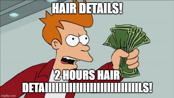 :D | HAIR DETAILS! 2 HOURS HAIR DETAIIIIIIIIIIIIIIIIIIIIIIIIIIILS! | image tagged in memes,shut up and take my money fry | made w/ Imgflip meme maker