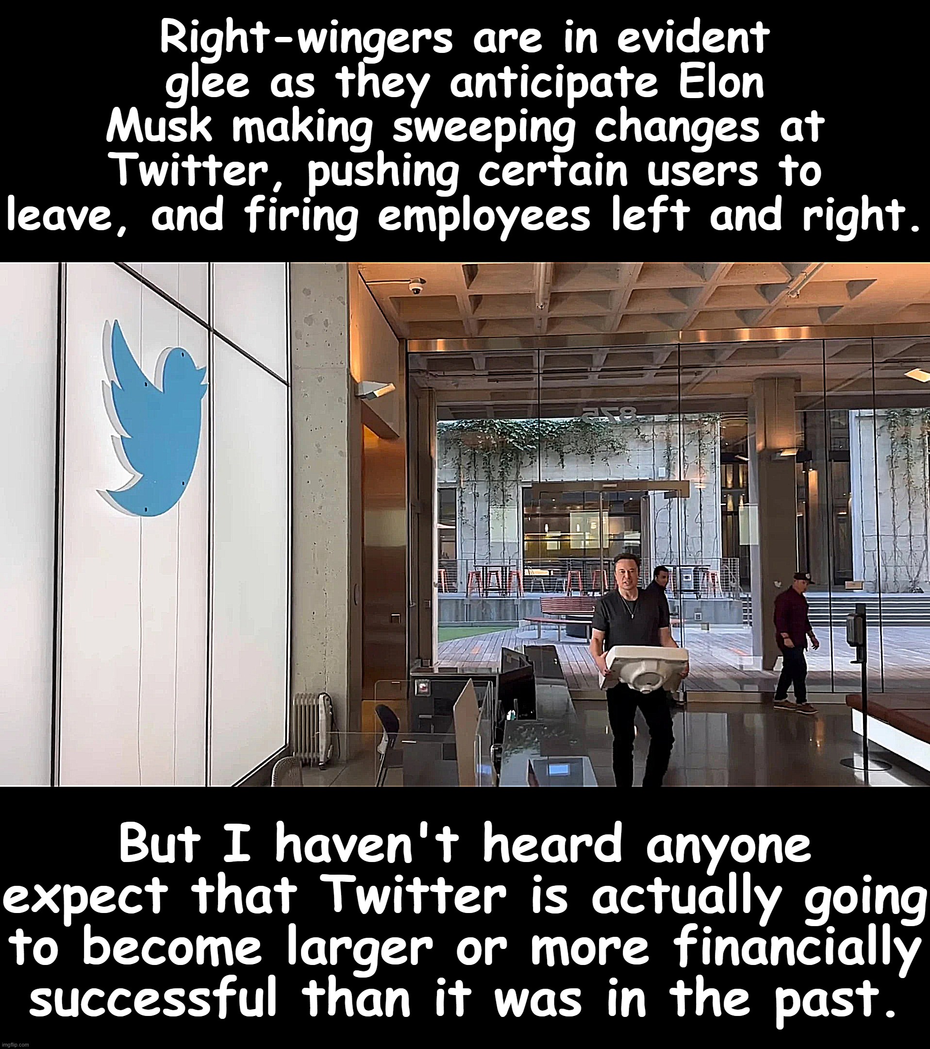 Right-wingers are more thrilled by chaos, retaliation, and "owning the libz" than by objective measures of success. | Right-wingers are in evident glee as they anticipate Elon Musk making sweeping changes at Twitter, pushing certain users to leave, and firing employees left and right. But I haven't heard anyone expect that Twitter is actually going to become larger or more financially successful than it was in the past. | image tagged in elon musk twitter sink | made w/ Imgflip meme maker