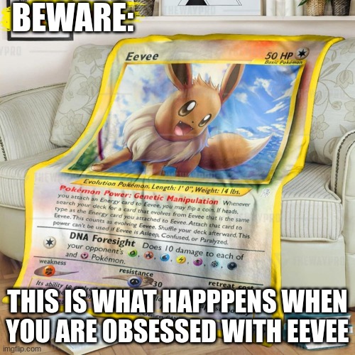 Pokemon card blanket | BEWARE:; THIS IS WHAT HAPPPENS WHEN YOU ARE OBSESSED WITH EEVEE | image tagged in eevee | made w/ Imgflip meme maker