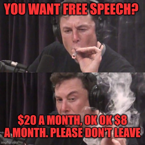 Elon Musk Weed | YOU WANT FREE SPEECH? $20 A MONTH, OK OK $8 A MONTH. PLEASE DON'T LEAVE | image tagged in elon musk weed | made w/ Imgflip meme maker