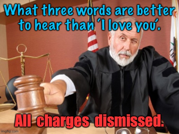 What three words | What three words are better to hear than ‘I love you’. All  charges  dismissed. | image tagged in judge,three words,to hear than,i love you,charges dismissed,dark humour | made w/ Imgflip meme maker