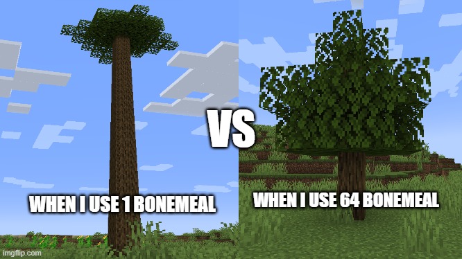 When I use Bonemeal | VS; WHEN I USE 1 BONEMEAL; WHEN I USE 64 BONEMEAL | image tagged in minecraft,trees | made w/ Imgflip meme maker