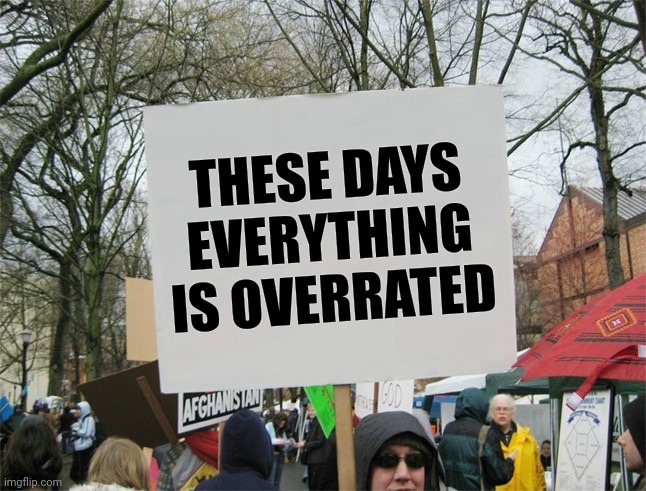 Blank protest sign | THESE DAYS EVERYTHING IS OVERRATED | image tagged in blank protest sign | made w/ Imgflip meme maker