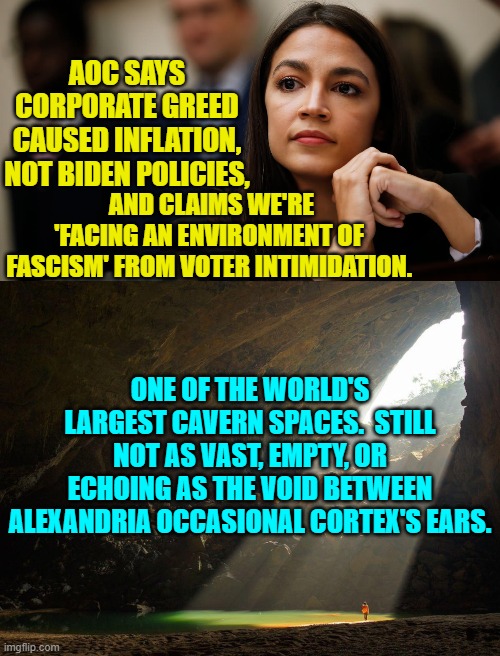 A necessary reminder; and you KNOW that one day the corrupt MSM will TRY to give AOC the presidency. | AOC SAYS CORPORATE GREED CAUSED INFLATION, NOT BIDEN POLICIES, AND CLAIMS WE'RE 'FACING AN ENVIRONMENT OF FASCISM' FROM VOTER INTIMIDATION. ONE OF THE WORLD'S LARGEST CAVERN SPACES.  STILL NOT AS VAST, EMPTY, OR ECHOING AS THE VOID BETWEEN ALEXANDRIA OCCASIONAL CORTEX'S EARS. | image tagged in aoc | made w/ Imgflip meme maker