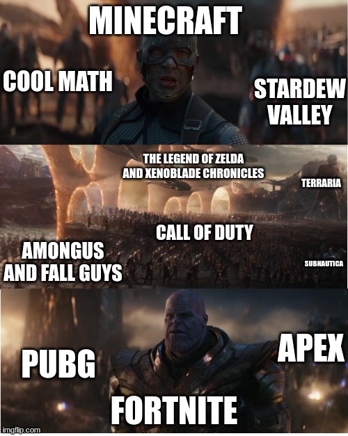 this was so hard to make you don't understand | MINECRAFT; COOL MATH; STARDEW VALLEY; TERRARIA; THE LEGEND OF ZELDA AND XENOBLADE CHRONICLES; CALL OF DUTY; AMONGUS
AND FALL GUYS; SUBNAUTICA; APEX; FORTNITE; PUBG | image tagged in avengers assemble | made w/ Imgflip meme maker