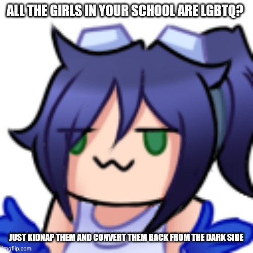 This is satire (got it, comm mods?) | ALL THE GIRLS IN YOUR SCHOOL ARE LGBTQ? JUST KIDNAP THEM AND CONVERT THEM BACK FROM THE DARK SIDE | image tagged in scarlet shrug | made w/ Imgflip meme maker