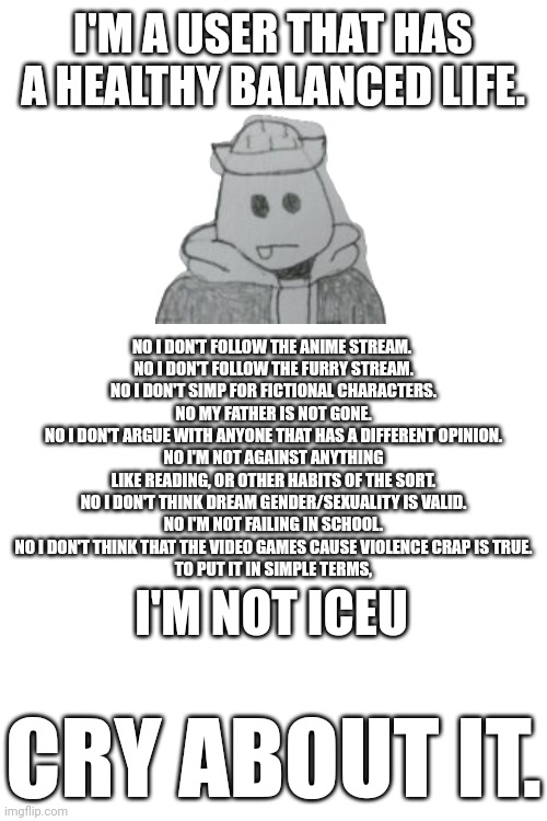 There. I said it. | I'M A USER THAT HAS A HEALTHY BALANCED LIFE. NO I DON'T FOLLOW THE ANIME STREAM. 
NO I DON'T FOLLOW THE FURRY STREAM.
 NO I DON'T SIMP FOR FICTIONAL CHARACTERS. 
NO MY FATHER IS NOT GONE.
NO I DON'T ARGUE WITH ANYONE THAT HAS A DIFFERENT OPINION.
NO I'M NOT AGAINST ANYTHING LIKE READING, OR OTHER HABITS OF THE SORT.
NO I DON'T THINK DREAM GENDER/SEXUALITY IS VALID.
NO I'M NOT FAILING IN SCHOOL.
NO I DON'T THINK THAT THE VIDEO GAMES CAUSE VIOLENCE CRAP IS TRUE.
TO PUT IT IN SIMPLE TERMS, I'M NOT ICEU; CRY ABOUT IT. | image tagged in egg | made w/ Imgflip meme maker