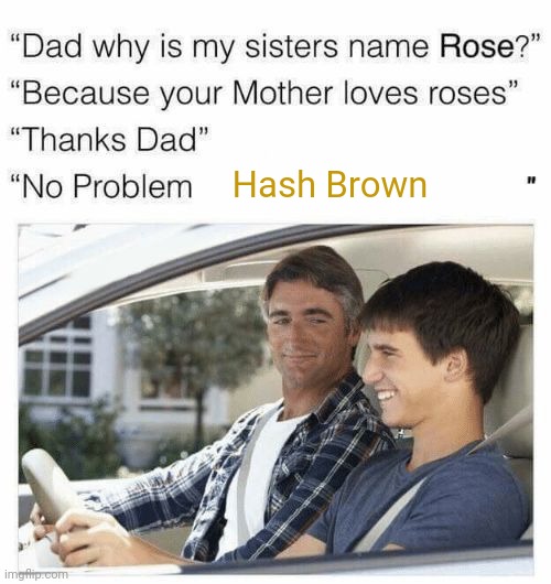 Hash Brown |  Hash Brown | image tagged in why is my sister's name rose,funny,memes,blank white template,hash browns,hash brown | made w/ Imgflip meme maker
