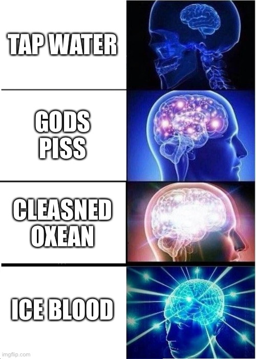 Expanding Brain Meme | TAP WATER; GODS PISS; CLEANSED OCEAN; ICE BLOOD | image tagged in memes,expanding brain | made w/ Imgflip meme maker