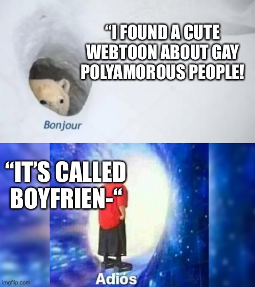 Boyfriends can go die :) | “I FOUND A CUTE WEBTOON ABOUT GAY POLYAMOROUS PEOPLE! “IT’S CALLED BOYFRIEN-“ | image tagged in bonjur adios | made w/ Imgflip meme maker