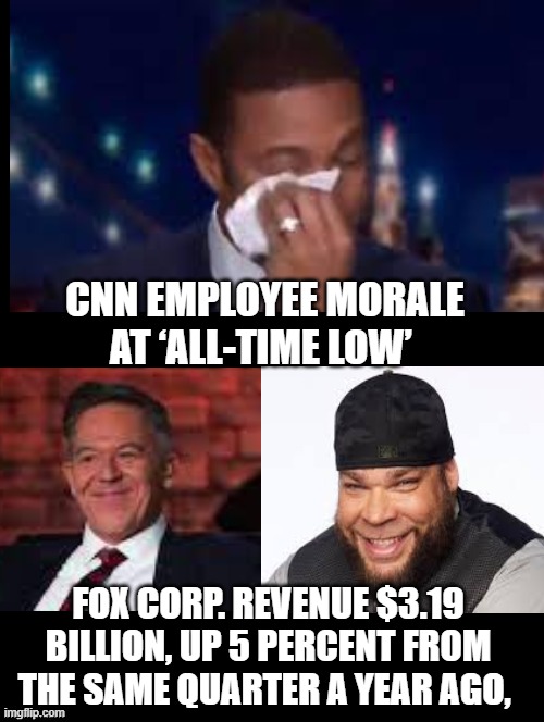 Facts over lies wins!! CNN is fake, bias news!! | CNN EMPLOYEE MORALE AT ‘ALL-TIME LOW’; FOX CORP. REVENUE $3.19 BILLION, UP 5 PERCENT FROM THE SAME QUARTER A YEAR AGO, | image tagged in fox news,cnn fake news,cnn crazy news network,facts | made w/ Imgflip meme maker