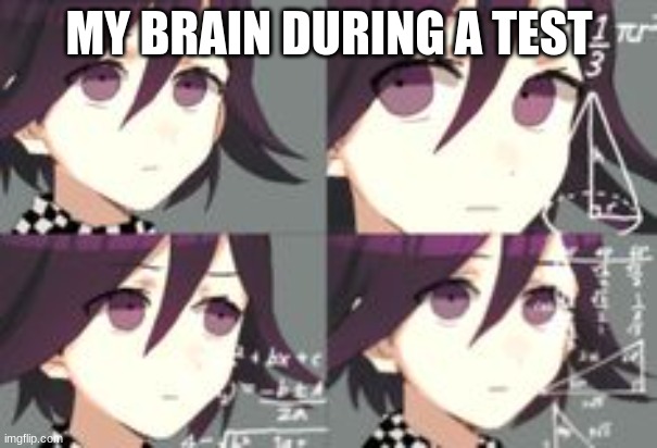 funny ig | MY BRAIN DURING A TEST | image tagged in confused lady meme but its kokichi | made w/ Imgflip meme maker