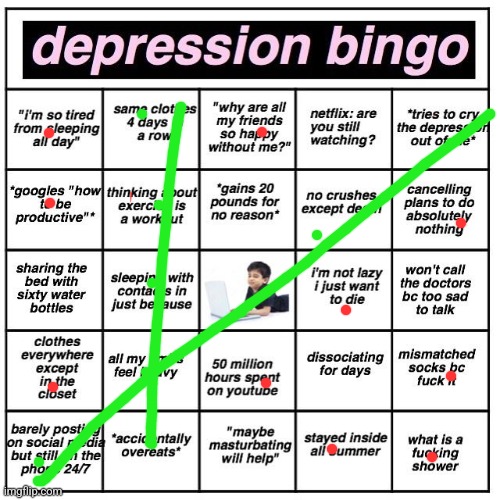 Depression bingo | image tagged in depression bingo | made w/ Imgflip meme maker