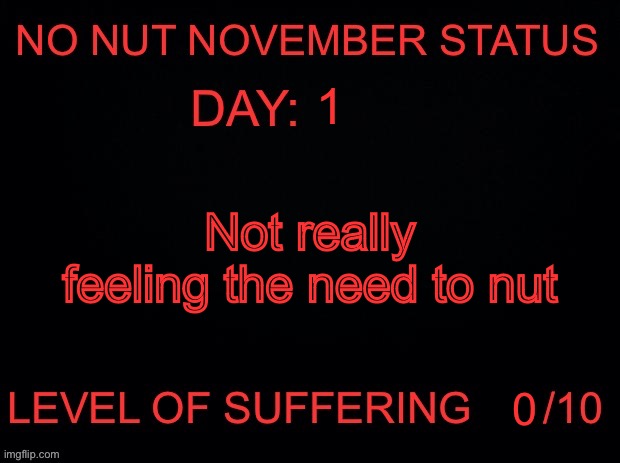 No nut November status | 1; Not really feeling the need to nut | image tagged in no nut november status | made w/ Imgflip meme maker