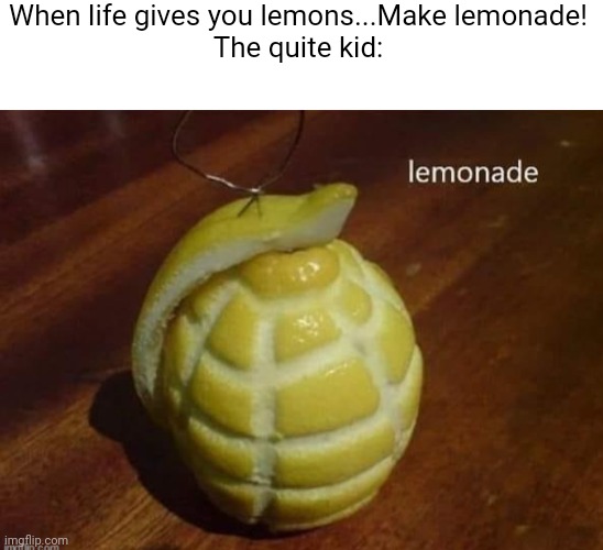 I took it | When life gives you lemons...Make lemonade!
The quite kid: | image tagged in grenade,lemonade | made w/ Imgflip meme maker