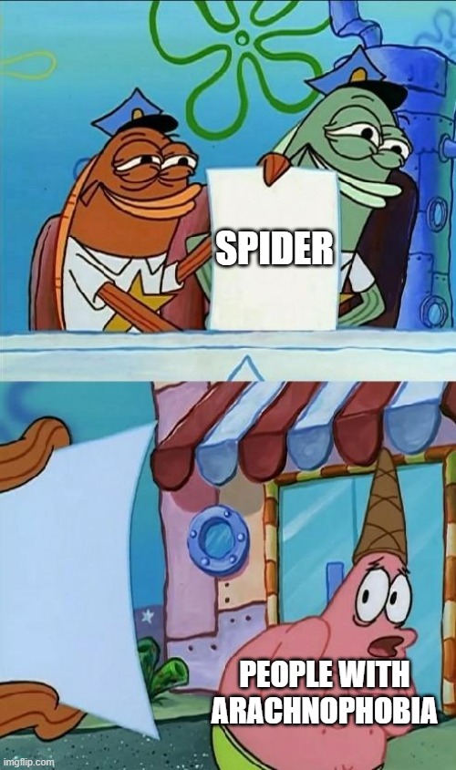 patrick scared | SPIDER PEOPLE WITH ARACHNOPHOBIA | image tagged in patrick scared | made w/ Imgflip meme maker
