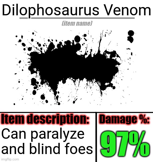 Dilo venom | Dilophosaurus Venom; 97%; Can paralyze and blind foes | image tagged in item-shop template,jurassic park,venom | made w/ Imgflip meme maker